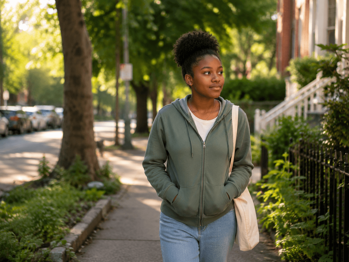 A young woman walking along a tree-lined sidewalk with a tote bag.